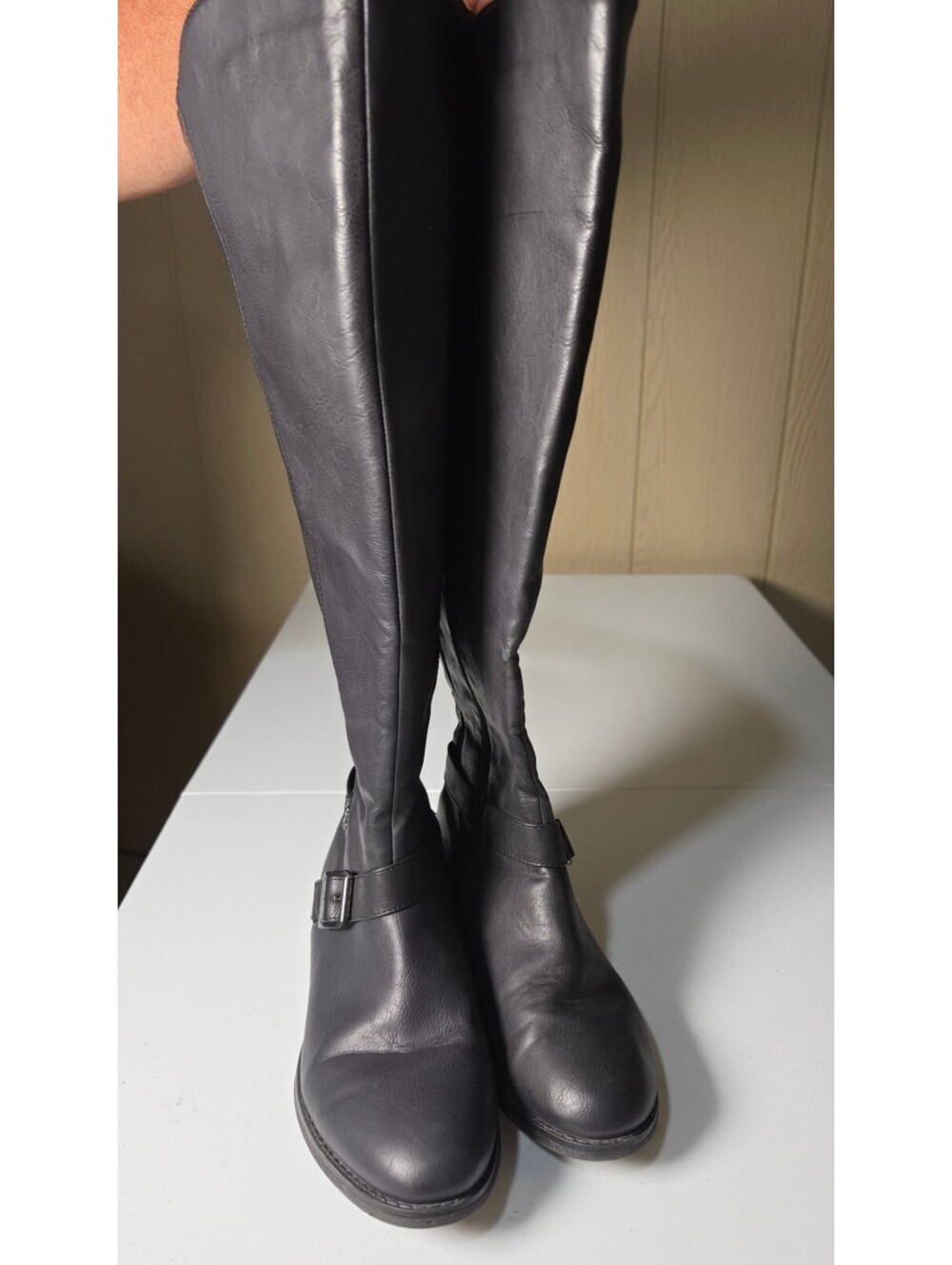 Maurices Black Leather Knee-High Riding Boots with Buckle Detail